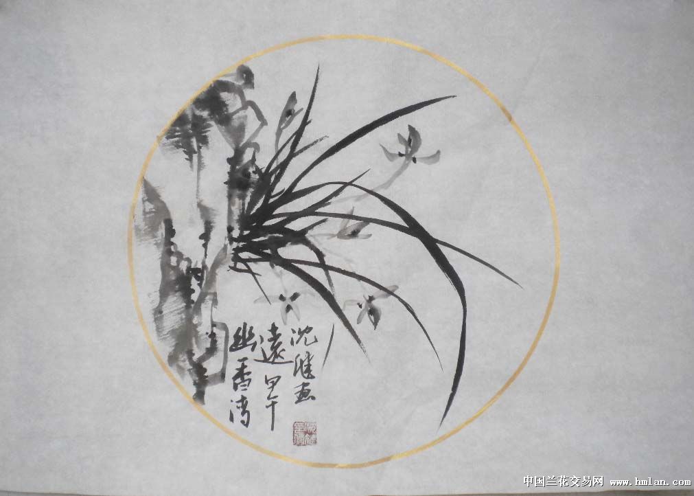 水墨兰花圆光,扇面